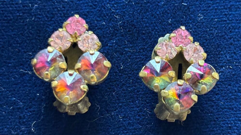 Vinatge Aurora Borealis Rhinestone Clip On Earrings MCM Gold Tone